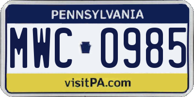 PA license plate MWC0985