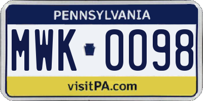 PA license plate MWK0098