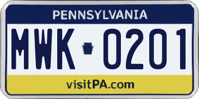 PA license plate MWK0201