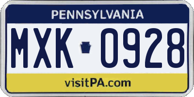 PA license plate MXK0928