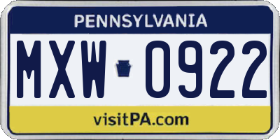 PA license plate MXW0922