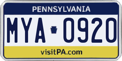 PA license plate MYA0920