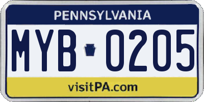 PA license plate MYB0205