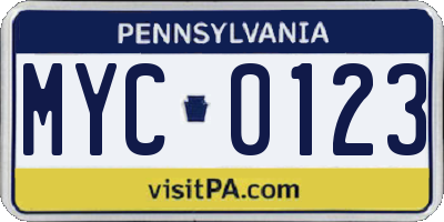 PA license plate MYC0123