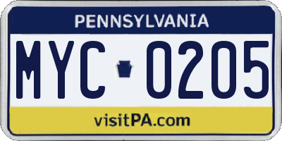 PA license plate MYC0205
