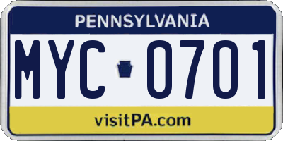 PA license plate MYC0701