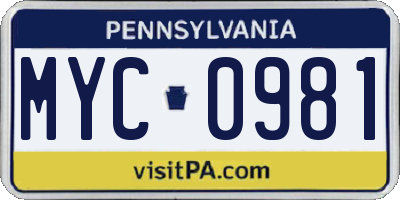 PA license plate MYC0981