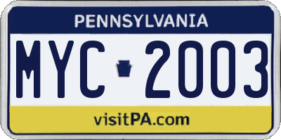 PA license plate MYC2003