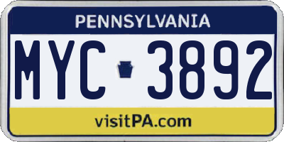 PA license plate MYC3892