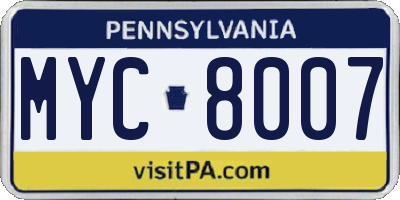 PA license plate MYC8007