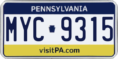 PA license plate MYC9315