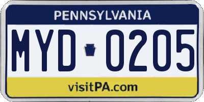 PA license plate MYD0205