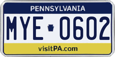 PA license plate MYE0602