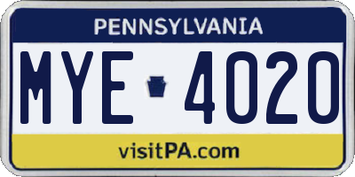 PA license plate MYE4020