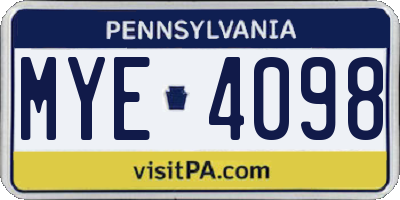 PA license plate MYE4098