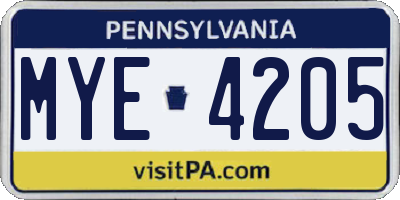 PA license plate MYE4205