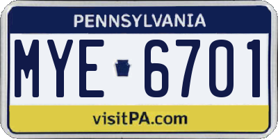 PA license plate MYE6701