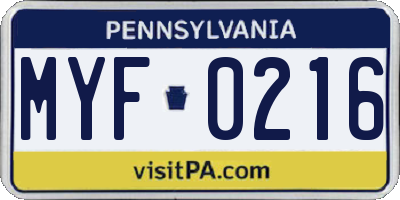 PA license plate MYF0216