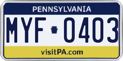 PA license plate MYF0403