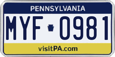 PA license plate MYF0981