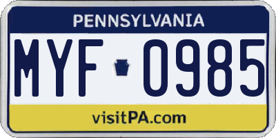 PA license plate MYF0985