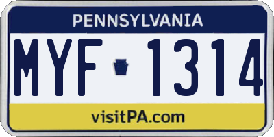 PA license plate MYF1314
