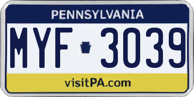PA license plate MYF3039