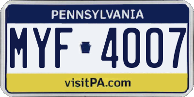 PA license plate MYF4007