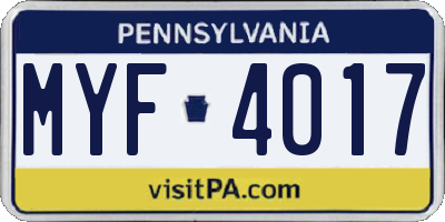 PA license plate MYF4017