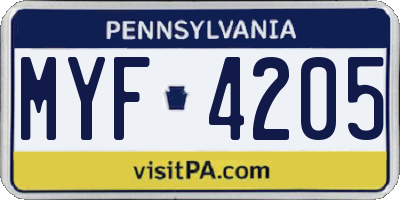 PA license plate MYF4205