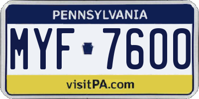 PA license plate MYF7600