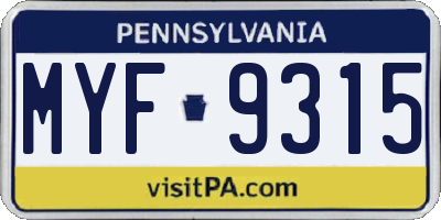 PA license plate MYF9315