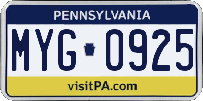 PA license plate MYG0925