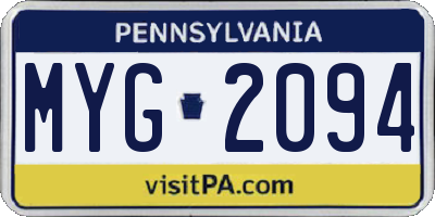 PA license plate MYG2094