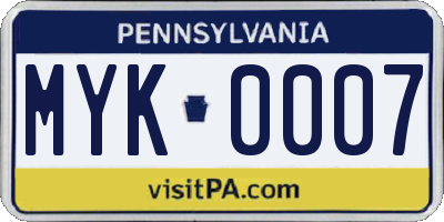 PA license plate MYK0007