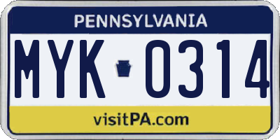 PA license plate MYK0314