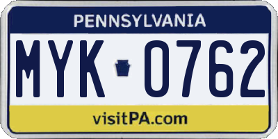 PA license plate MYK0762