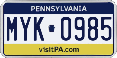 PA license plate MYK0985
