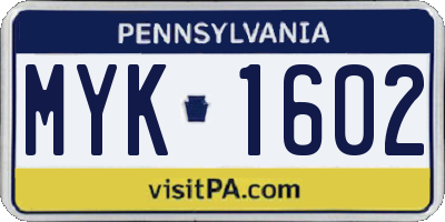 PA license plate MYK1602