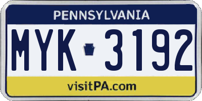PA license plate MYK3192