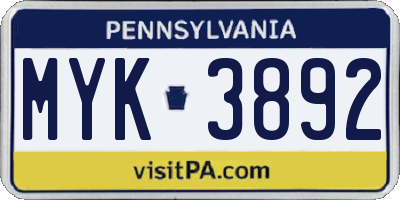 PA license plate MYK3892