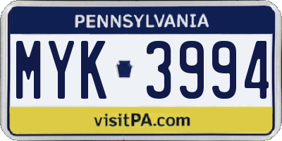 PA license plate MYK3994