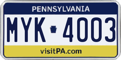 PA license plate MYK4003