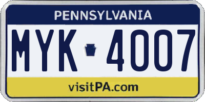 PA license plate MYK4007