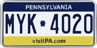 PA license plate MYK4020