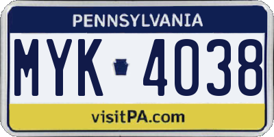 PA license plate MYK4038