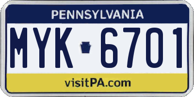 PA license plate MYK6701