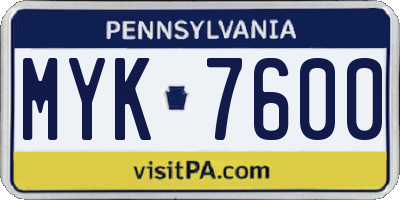PA license plate MYK7600