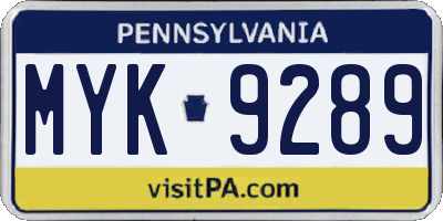 PA license plate MYK9289