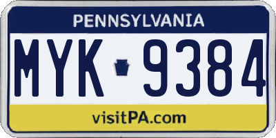 PA license plate MYK9384